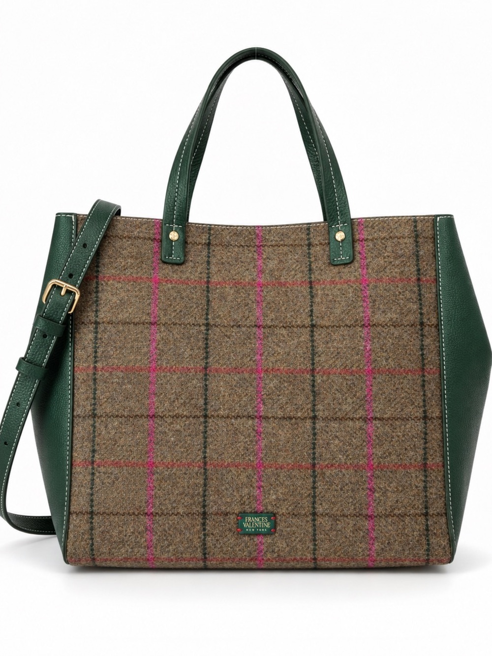 Frances Valentine Henry Tote Plaid Tweed Green Leather Bag $598 Heritage Country
